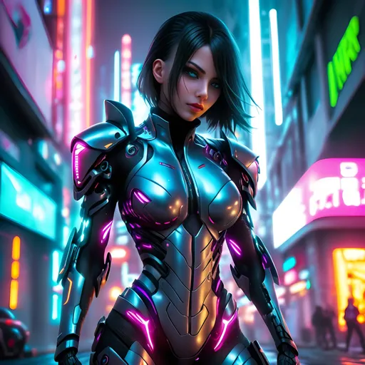 Prompt: UHD,cute girl long legs, 8k, high quality, neon lighting, cyberpunk, hyper realism, Very detailed,  face partially covered with repirator, female futuristic assassin, she is wearing a armor plated suit with many layers, she is standing in a city street menacingly