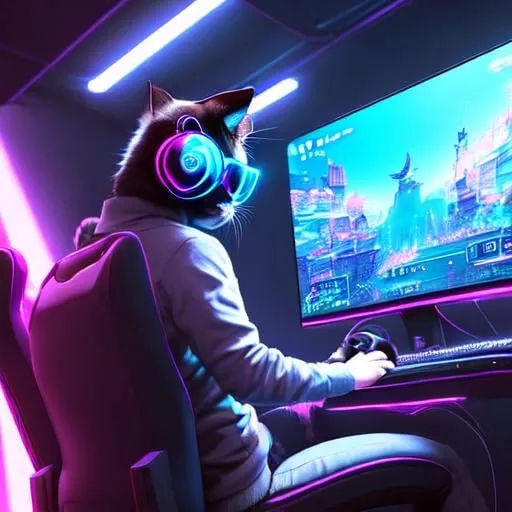Prompt: cool digital art of a cute majestic cat sitting in a gaming chair playing a video game with keyboard and monitors using it's cat paws from a point of view where you can't see what he's playing, neon lights, wearing gaming headphones synthwave style futuristic googles gamer, very cool detailed, realistic smooth lighting,  dark background, focus on cat. looking at monitor, futuristic goggle visors, black background with lights in a futuristic room