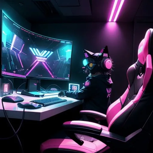Prompt: cool digital art of a cute majestic cat with a cats body paw on mouse sitting in a gaming chair playing an open world video game on a high end monitor with keyboard and monitors using it's cat paws from a point of view where you can't see what he's playing, neon lights, wearing gaming headphones synthwave style futuristic googles gamer, very cool detailed, realistic smooth lighting,  dark background, focus on cat. looking at monitor, futuristic goggle visors, black background with lights in a futuristic room, small pink nose