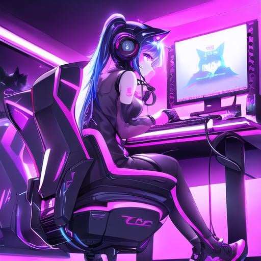 Prompt: cool digital art of a cute majestic cat sitting in a gaming chair playing a video game with keyboard and monitors using it's cat paws from a point of view where you can't see what he's playing, neon lights, wearing gaming headphones synthwave style futuristic goggles gamer, very cool detailed, realistic smooth lighting,  dark background, focus on cat. looking at monitor, futuristic goggle visors, black background with lights in a futuristic room, side view, realistic, sharp lines