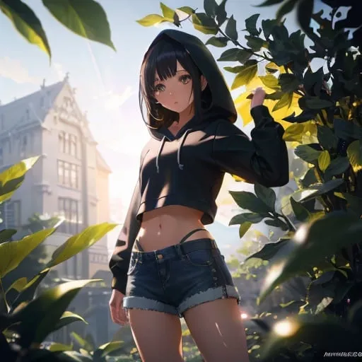 Prompt: full body image of cute girl in a hoody and shorts detailed beuatiful feet very young. very small chest and small waist .lean, , skinny body. soft black hoody with straight black hair and a perfect face, cute anime girl,perfect composition, hyperrealistic, render, super detailed, 8k, high quality, trending art, trending on artstation, sharp focus, studio photo, intricate details, highly detailed, creative, hair, fan art, glistening, refracting, leaves art, smooth shiny lighting, light reflect off skin hyper realistic,hdr, micro details, dark anime details, perfect compensition western battle background, perfect composition, hyperrealistic, render, super detailed, 8k, high quality, trending art, trending on artstation, sharp focus, studio photo, intricate details, highly detailed, creative, hair, fan art, glistening, refracting, leaves