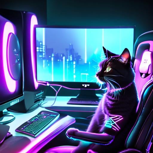 Prompt: cute majestic cat sitting in a gaming chair playing a video game with keyboard and monitors using it's cat paws from a point of view where you can't see what he's playing, neon lights, synthwave style futuristic googles gamer, very cool detailed, realistic smooth lighting,  dark background, focus on cat.