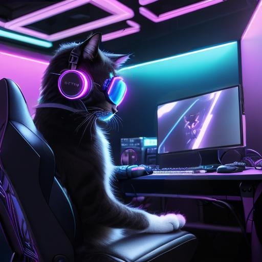 Prompt: cool digital art of a cute majestic cat sitting in a gaming chair playing a video game with keyboard and monitors using it's cat paws from a point of view where you can't see what he's playing, neon lights, wearing gaming headphones synthwave style futuristic goggles gamer, very cool detailed, realistic smooth lighting,  dark background, focus on cat. looking at monitor, futuristic goggle visors, black background with lights in a futuristic room, side view, realistic, sharp lines, chubby cat legs