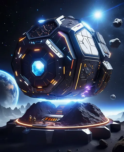 Prompt: A futuristic asteroid mining rig on a  astroid rock with glowing lights and complex details in a space setting marketing, cool future 