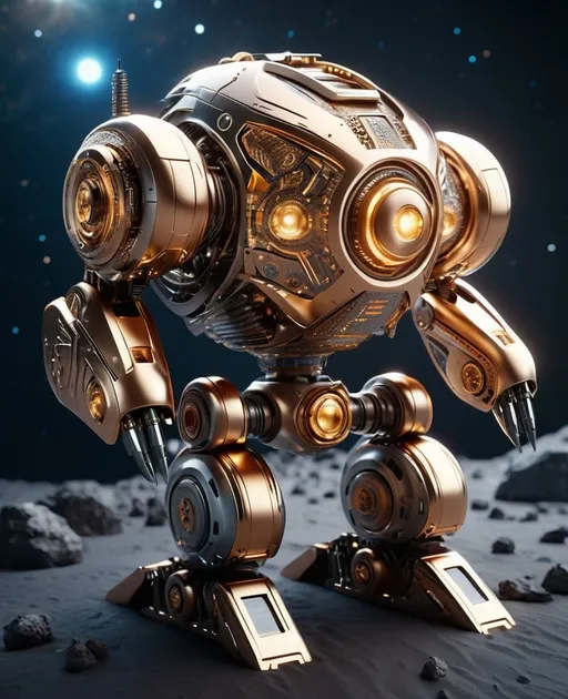 Prompt: Futuristic robot for asteroid mining rig, metallic sheen, intricate mechanical details, space setting, asteroid rock, futuristic sci-fi, high-tech, complex design, cool-toned, atmospheric lighting, 4k resolution, space exploration, highres, detailed, professional, industrial sci-fi, cutting-edge technology, asteroid mining, space machinery, futuristic, metallic textures, cool future, intricate machinery