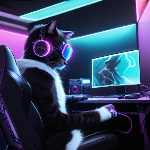 Prompt: cool digital art of a cute majestic cat sitting in a gaming chair playing a video game with keyboard and monitors using it's cat paws from a point of view where you can't see what he's playing, neon lights, wearing gaming headphones synthwave style futuristic goggles gamer, very cool detailed, realistic smooth lighting,  dark background, focus on cat. looking at monitor, futuristic goggle visors, black background with lights in a futuristic room, side view, realistic, sharp lines, chubby cat legs