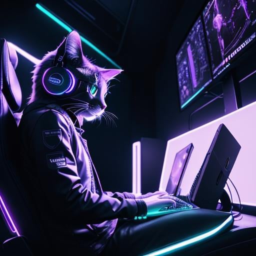 Prompt: cool digital art of a cute majestic cat sitting in a gaming chair playing a video game with keyboard and monitors using it's cat paws from a point of view where you can't see what he's playing, neon lights, wearing gaming headphones synthwave style futuristic googles gamer, very cool detailed, realistic smooth lighting,  dark background, focus on cat. looking at monitor, futuristic goggle visors, black background with lights in a futuristic room