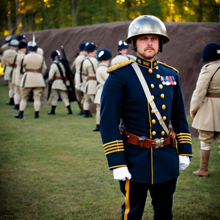 Prompt: Whole body. Full figure. Confederate soldier. Cadet Gray Uniform. WWII M33 italian helmet Helmet. In background a trench . Well draw face. Detailed. realistic helmets. Historical photo. WWII pics.  