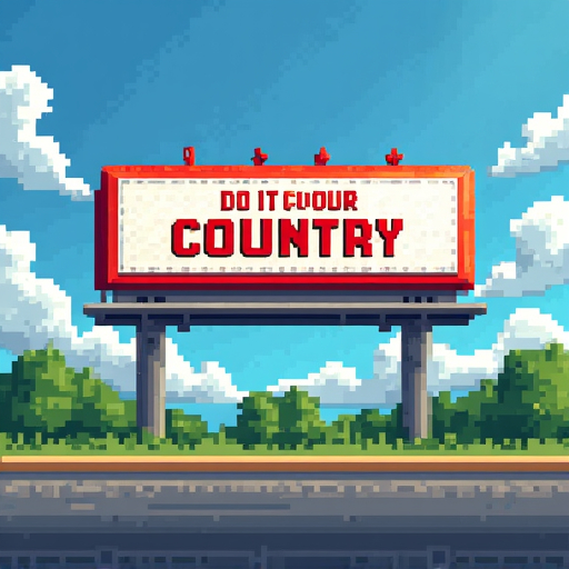 Prompt: make an image with nothing but a pixelated billboard with the theme of lego and the sentence on the billboard "DO IT FOR YOUR COUNTRY"