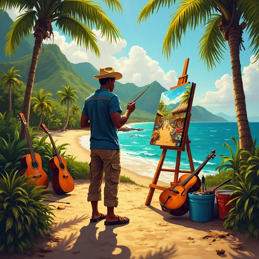 Prompt: maginez un artiste debout devant un chevalet, en train de peindre une toile qui représente une scène de marché haïtien. Autour de lui, des instruments de musique sont posés, et en arrière-plan, on voit des montagnes verdoyantes et une plage ensoleillée. Le tout est baigné dans une lumière dorée, avec des couleurs vives et des motifs traditionnels haïtiens.