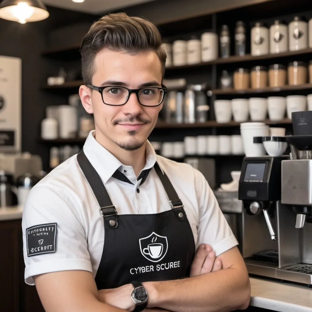 Prompt: Cybersecurity expert who appears as a barista. He looks a little nerdy but smart. And he has "Are you cyber-secure?" on his uniform shirt. 