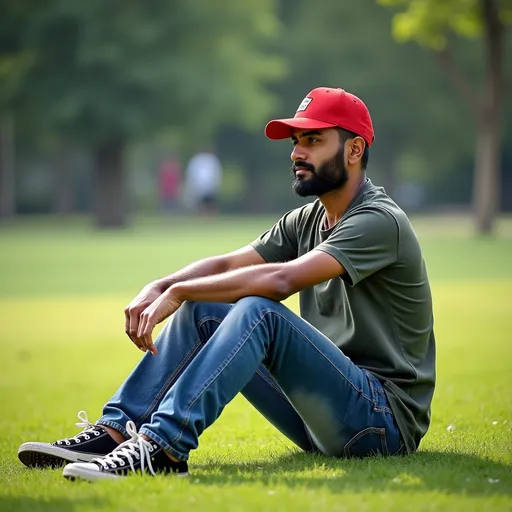 Prompt: a man sitting on the grass in a park wearing a hat and jeans and a red cap with a red stripe, Bikash Bhattacharjee, samikshavad, jayison devadas, a picture