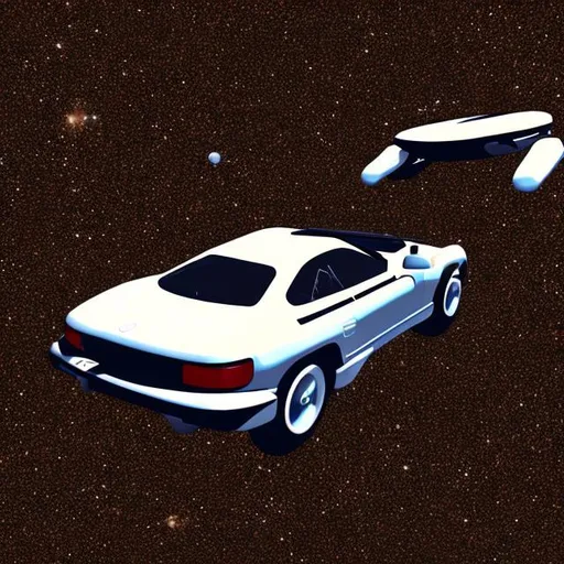 Prompt: a nintendo 64 graphics style mercedes benz flying through space