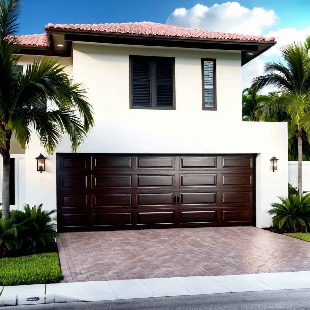 Prompt: residential garage door, typical Miami, Florida homes with garage doors. nice neighborhood,  HD. 8k. 4k. Hyper-detailed. Sharp. Focus. High quality. Realistic. Clopay. hyper-realistic,  visually appealing, UHD