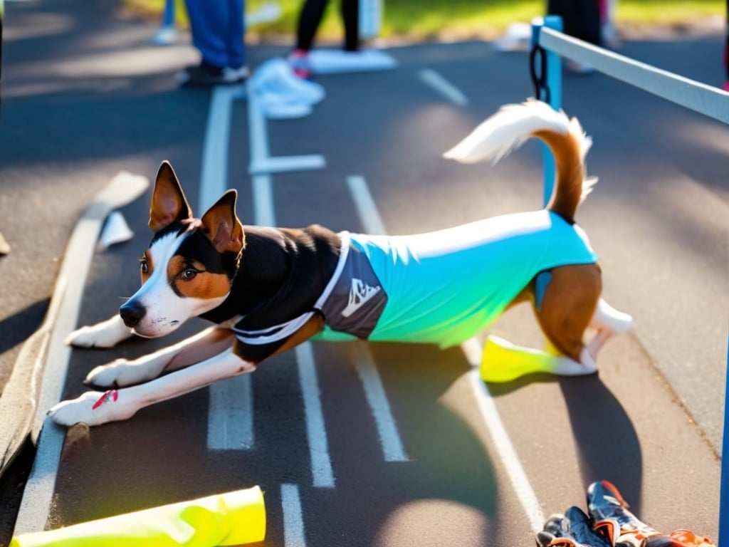 Prompt: Dog stretching and preparing to run a 10-k race with all his friends