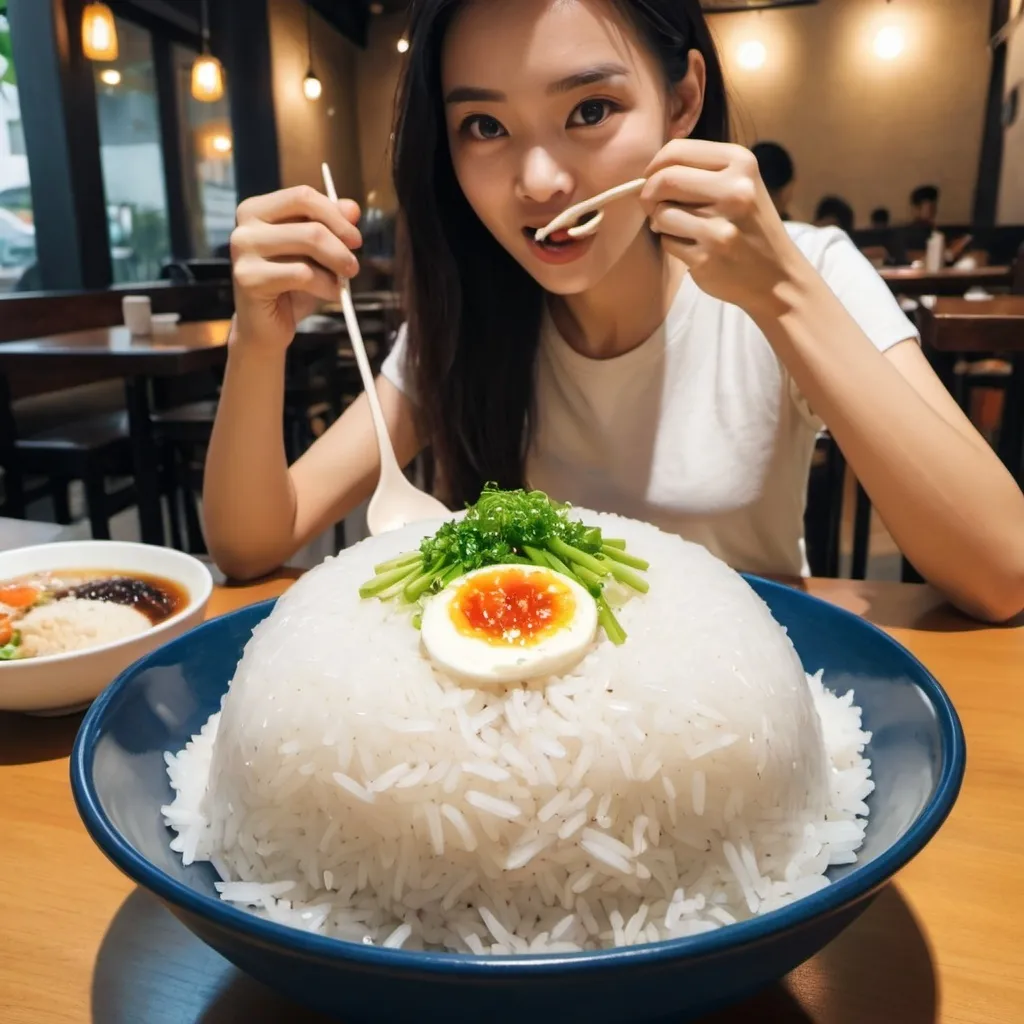 Prompt: eating in cafe and surprise serve big bowl of rice