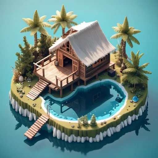 Prompt: miniature isometric world render, a hut surrounded by clear water, a outdoor gym 