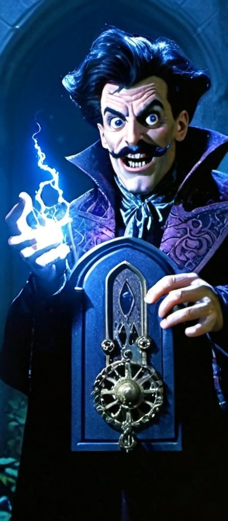 Prompt: A wizard mastering electricity, looking at the camera with a crazy face,eyes very wide open, mouth very wide open smilling, dark rose up hair, thick dark eyebrows, thin dark moustache, wearing a dark blue and gold medieval suit, he is the center of the image,NO HAT,he has 1 bottom eyelid half closed,he plays with electricity between his hands,creating electricity from his hands, Dark Fantasy Theme NO HAT ON HEAD