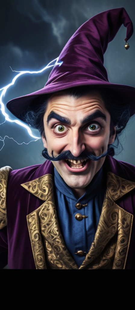 Prompt: A wizard mastering electricity, looking at the camera with a crazy face,eyes very wide open, mouth very wide open smilling, dark rose up hair, thick dark eyebrows, thin dark moustache, wearing a dark blue and gold medieval suit, he is the center of the image,he does not wear a hat,he has 1 bottom eyelid half closed,he plays with electricity between his hands,creating electricity from his hands, Dark Fantasy Theme