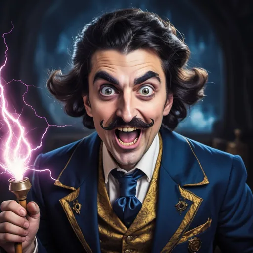 Prompt: A wizard mastering electricity, looking at the camera with a crazy face,eyes very wide open, mouth very wide open smilling, dark rose up hair, thick dark eyebrows, thin dark moustache, wearing a dark blue and gold medieval suit, he is the center of the image,he does not wear a hat,he has 1 bottom eyelid half closed,he plays with electricity between his hands, Dark Fantasy Theme