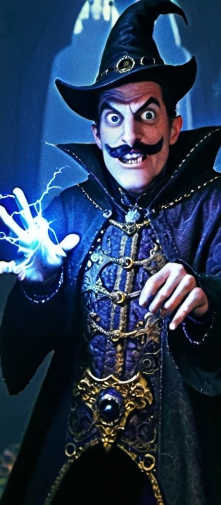 Prompt: A wizard mastering electricity, looking at the camera with a crazy face,eyes very wide open, mouth very wide open smilling, dark rose up hair, thick dark eyebrows, thin dark moustache, wearing a dark blue and gold medieval suit, he is the center of the image,he does not wear a hat,he has 1 bottom eyelid half closed,he plays with electricity between his hands,creating electricity from his hands, Dark Fantasy Theme