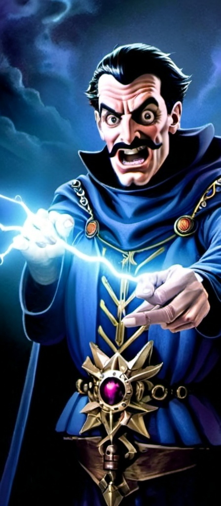 Prompt: A wizard mastering electricity, looking at the camera with a crazy face,eyes very wide open, mouth very wide open smilling, dark rose up hair, thick dark eyebrows, thin dark moustache, wearing a dark blue and gold medieval suit, he is the center of the image,he has 1 bottom eyelid half closed,he plays with electricity between his hands,creating electricity from his hands, Dark Fantasy 1980's Theme