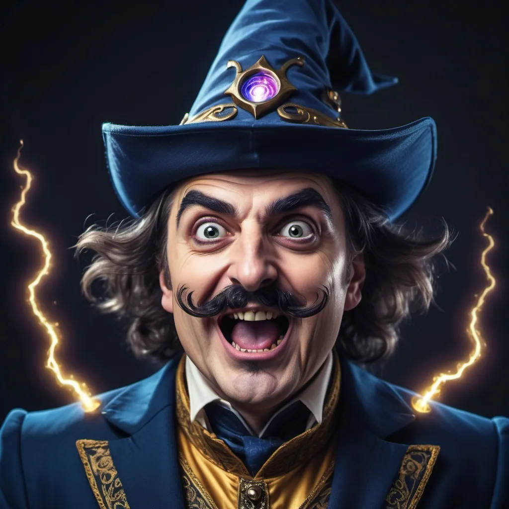 Prompt: A wizard mastering electricity, looking at the camera with a crazy face,eyes very wide open, mouth very wide open smilling, dark rose up hair, thick dark eyebrows, thin dark moustache, wearing a dark blue and gold medieval suit, he is the center of the image, Dark Fantasy Theme