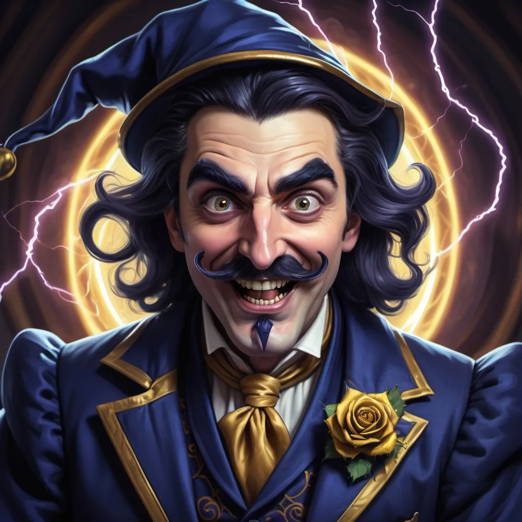 Prompt: A wizard mastering electricity, looking at the camera with a crazy face,eyes very wide open, mouth very wide open smilling, dark rose up hair, thick dark eyebrows, thin dark moustache, wearing a dark blue and gold medieval suit, he is the center of the image, Dark Fantasy Theme