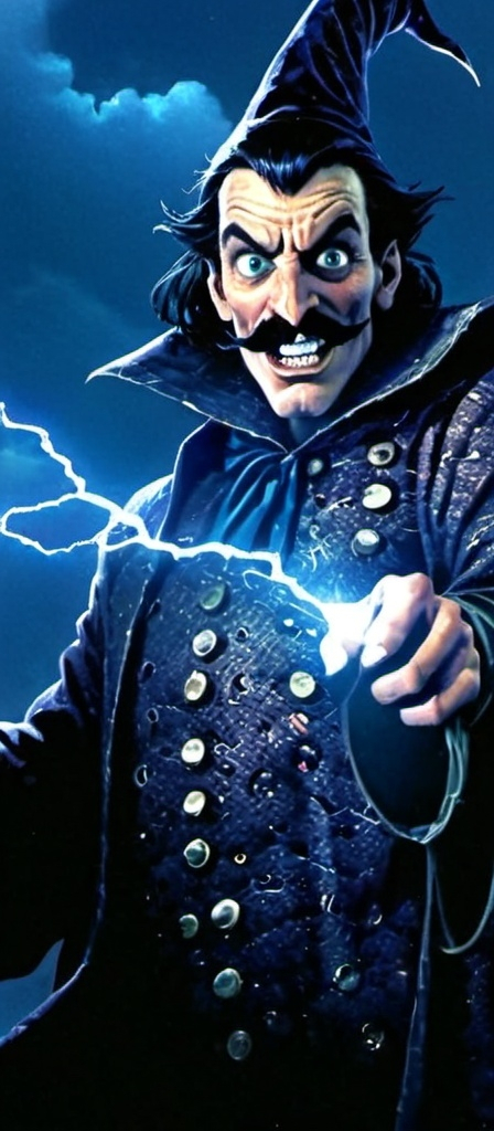 Prompt: A wizard mastering electricity, looking at the camera with a crazy face,eyes very wide open, mouth very wide open smilling, dark rose up hair, thick dark eyebrows, thin dark moustache, wearing a dark blue and gold medieval suit, he is the center of the image,NO HAT,he has 1 bottom eyelid half closed,he plays with electricity between his hands,creating electricity from his hands, Dark Fantasy Theme NO HAT ON HEAD