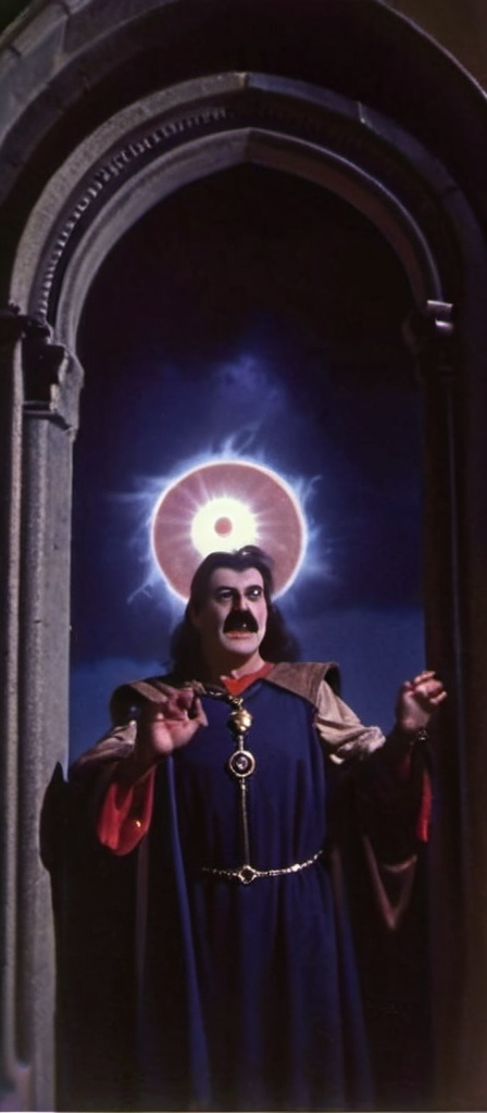 Prompt: A wizard mastering electricity, looking at the camera with a crazy face,eyes very wide open, mouth very wide open smilling, dark rose up hair, thick dark eyebrows, thin dark moustache, wearing a dark blue and gold medieval suit, he is the center of the image,he has 1 bottom eyelid half closed,he plays with electricity between his hands,creating electricity from his hands, Dark Fantasy 1980's Theme