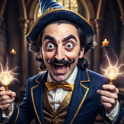 Prompt: A wizard mastering electricity, looking at the camera with a crazy face,eyes very wide open, mouth very wide open smilling, dark rose up hair, thick dark eyebrows, thin dark moustache, wearing a dark blue and gold medieval suit, he is the center of the image,he does not wear a hat,he has 1 bottom eyelid half closed,he plays with electricity between his hands, Dark Fantasy Theme