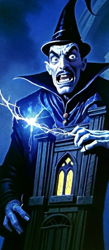 Prompt: A wizard mastering electricity, looking at the camera with a crazy face,eyes very wide open, mouth very wide open smilling, dark rose up hair, thick dark eyebrows, thin dark moustache, wearing a dark blue and gold medieval suit, he is the center of the image,NO HAT,he has 1 bottom eyelid half closed,he plays with electricity between his hands,creating electricity from his hands, Dark Fantasy Theme NO HAT ON HEAD, NO ANYTHING ON HIS HEAD