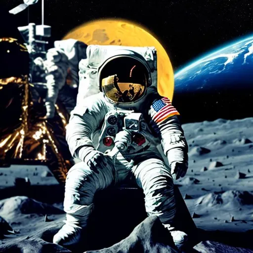 Prompt: astronaut sitting on the moon counting money