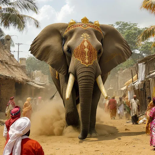 Prompt: the king's elephant roaming through a village while merchants are closely watching 