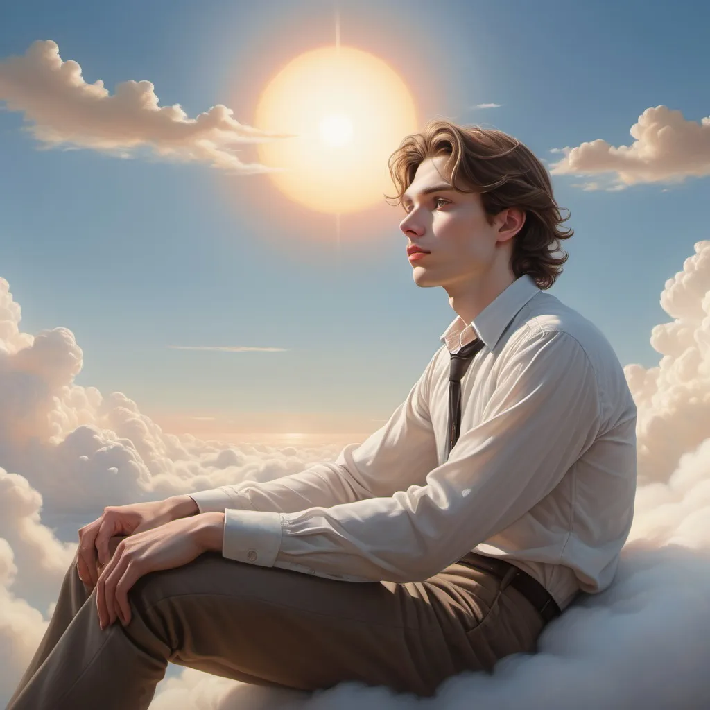 Prompt: A (hyperrealistic, high-definition image) featuring a (detailed picture of a (man with a pale complexion and (brown hair), and (deep-set eyes))) with delicate, thin lips and (light brown skin), sitting comfortably on a (softly curved cloud) as he watches the (sun setting behind the horizon) against a (vividly blue sky), with (the silhouette of the man's head and face) and his (distinctive eyebagle shape) clearly visible, giving it a sense of (hyperrealism) and (detailed detail) that makes the image feel almost (hyperrealistic) at an (8K resolution)