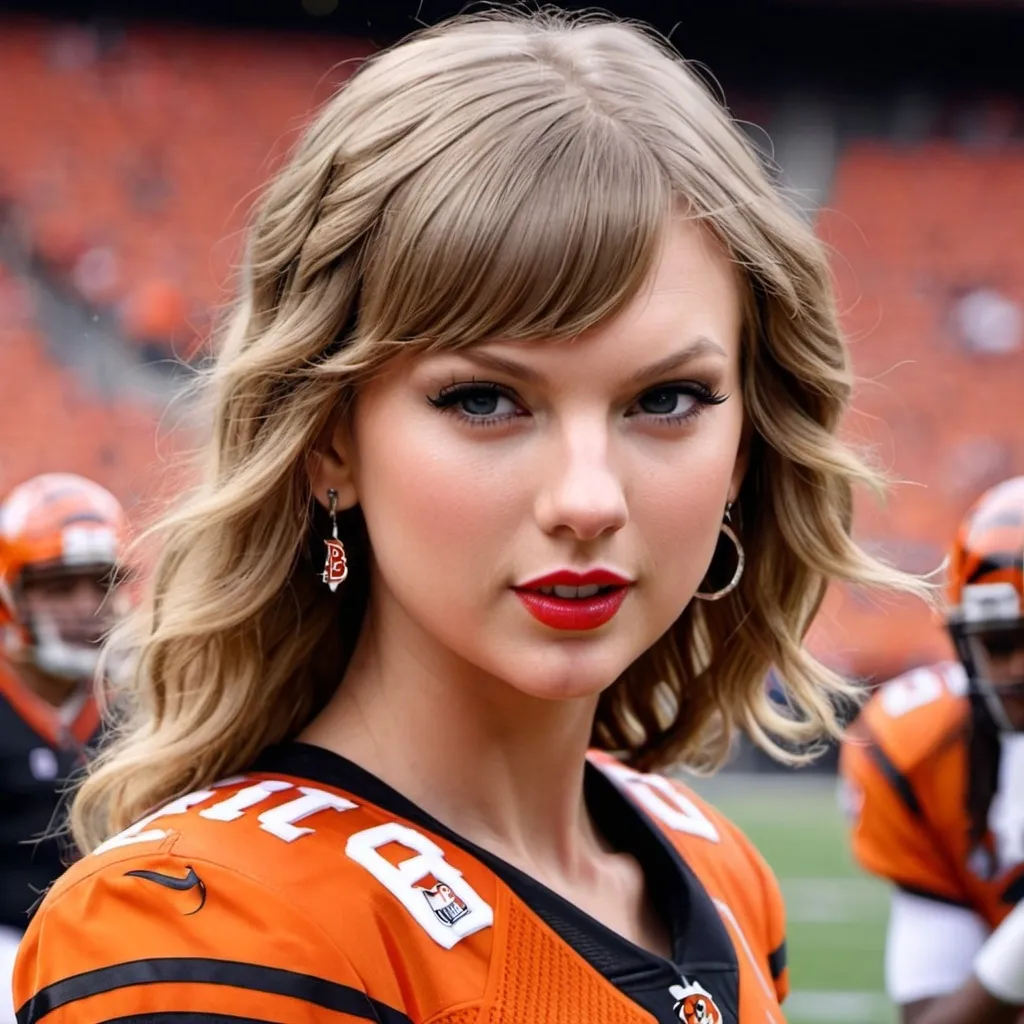 Prompt: Taylor swift in a Cincinnati bengals uniform for fantasy football logo
