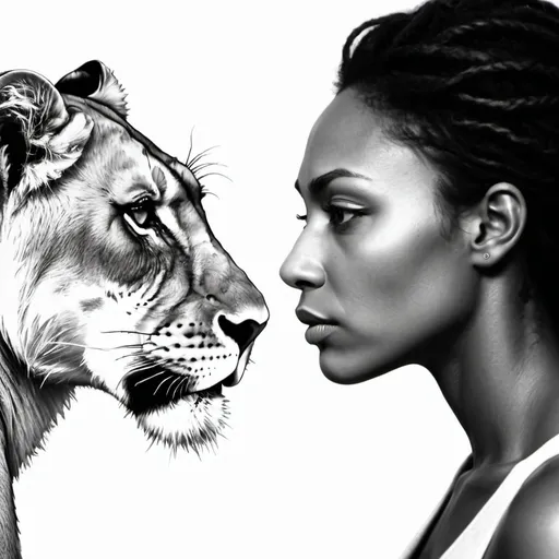 Prompt: a lioness facing a woman make it a pencil silhouette woman and lioness eye to eye face to face .. Woman  facing lioness needs to be universal no race  