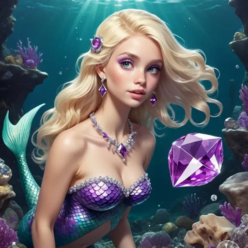 Prompt: a blonde mermaid with a purple tail embellished with rare gems and is discovering a huge diamond deep in the ocean