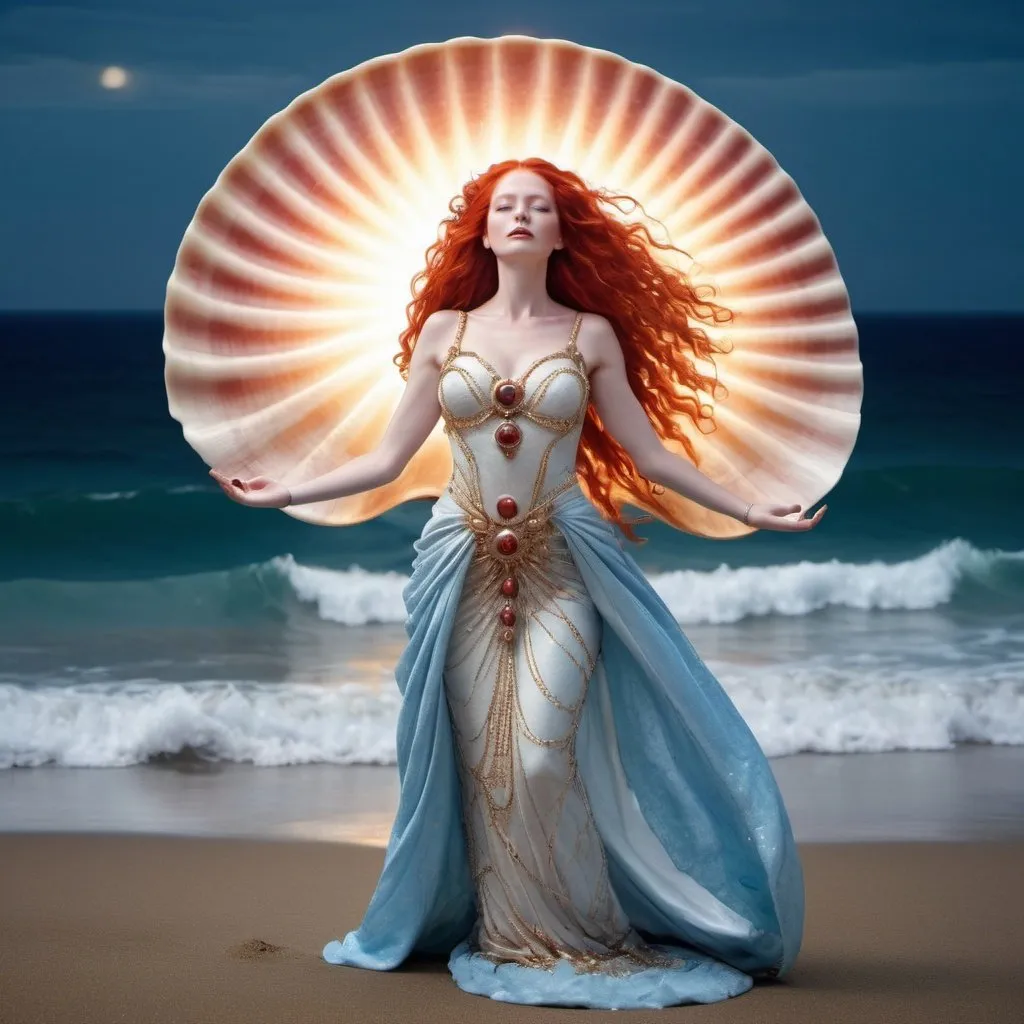 Prompt: cosmic heavens bright with the rising sun above the blue ocean with a priestess with red hair and arms raised to the sky emerging from a huge shell with pearls all over her dress 