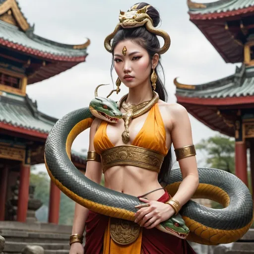 Prompt: a goddess with a snake around her neck in a warrior costume right in front a buddhist temple, realistic style