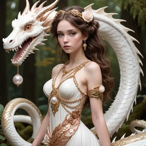 Prompt: a forest nymph with brown hair atop a white dragon, wearing a golden dress with rose gold trims and huge pearl beads with a snake coiled around her
