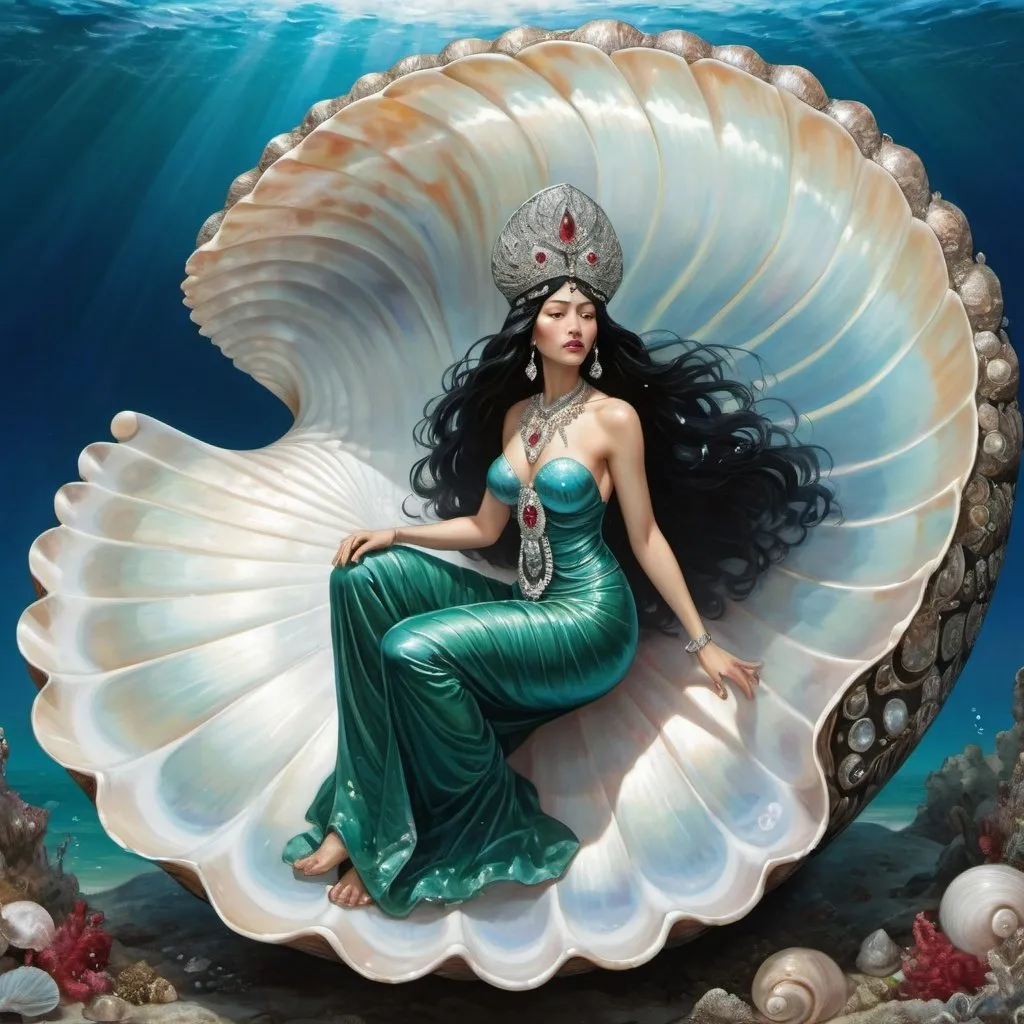 Prompt: an expansive the blue ocean with a priestess with black hair emerging from a huge shell carrying a huge mother of pearl wearing a diamond, emerald & ruby studded dress