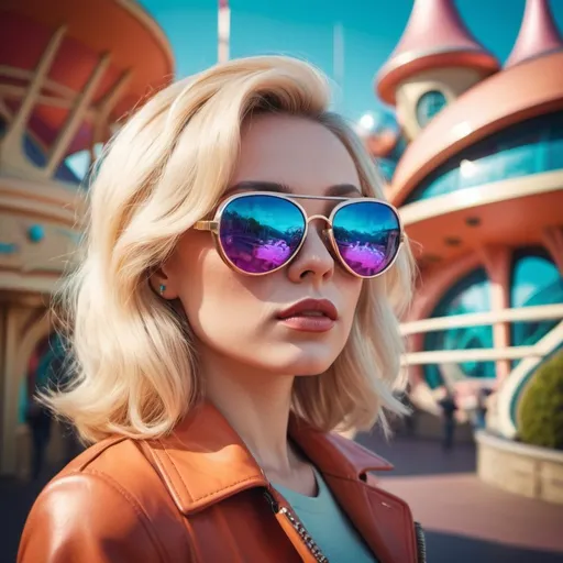 Prompt: Blond woman with sunglasses in retro-futuristic Disneyland Paris Discoveryland, vibrant color palette, vintage sci-fi vibes, detailed hair and sunglasses, 4k, retrofuturism, vibrant colors, detailed, vintage, Disneyland Paris, Discoveryland, fashion model, cool tones, atmospheric lighting