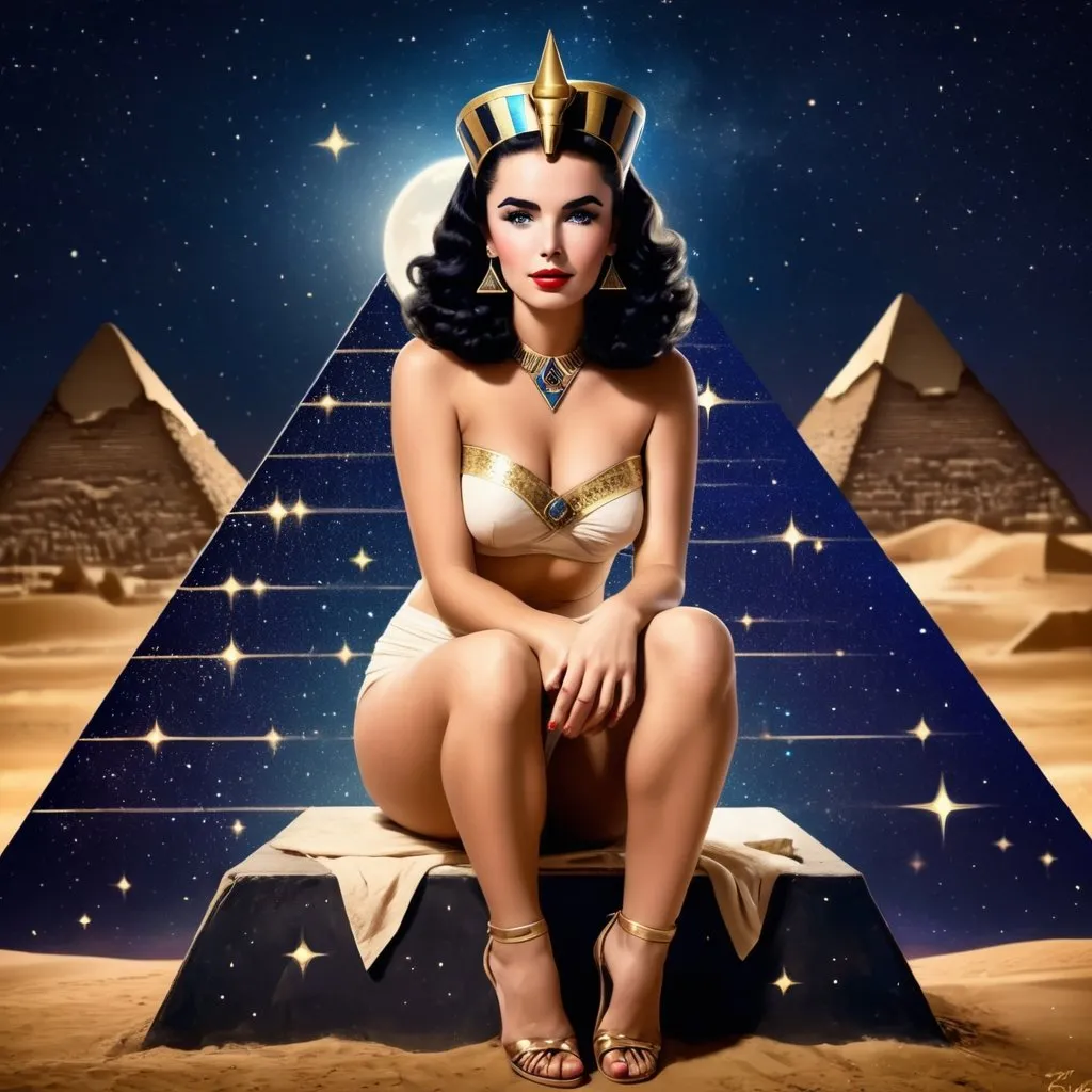 Prompt: Egyptian goddess, sitting on a throne, and the night sky full of stars, Pyramids in the Background, young Elisabeth Taylor, Pin Up style