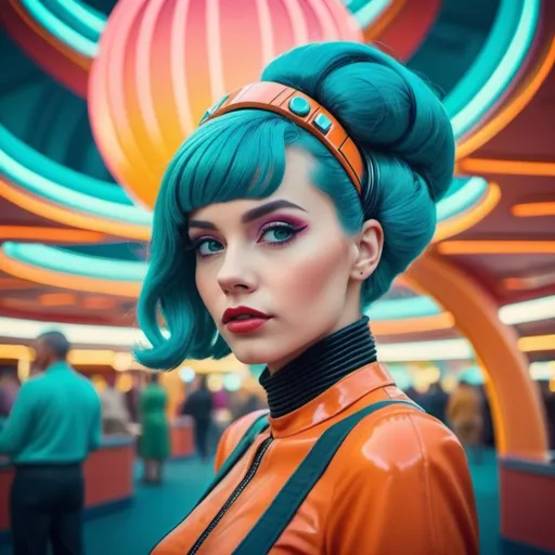 Prompt: woman in retro-futuristic Disneyland, vibrant color, detailed hair, 4k, retrofuturism, detailed, vintage, fashion model, cool look