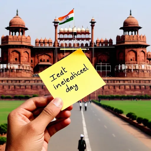 Prompt: create an image with the red fort in the background and a hand holding a sticky note in front of it with a message on the sticky note that says -
 लाल किले पर लहराए तिरंगा प्यारा,
77th Independence day जश्न हमारा।