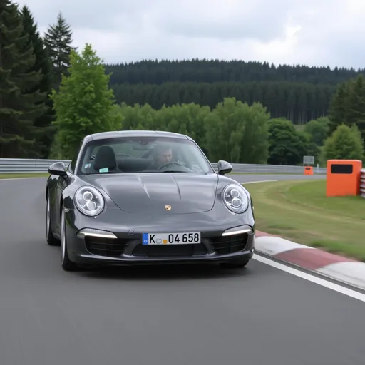 Prompt: porsche 911 on poland license plates seen from afar going around nurburgring