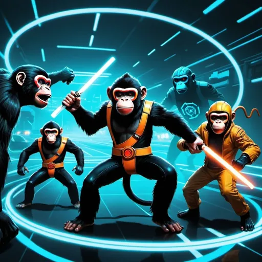 Prompt: monkey tron fighting bad guys while Jason's is chasing them