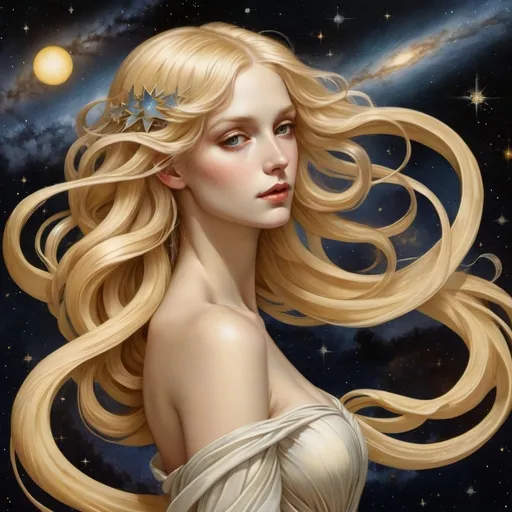 Prompt: An exquisite and mesmerizing illustration of a blonde woman, seamlessly integrated with the cosmic magnificence of the Milky Way galaxy. The woman's long, flowing hair and elegant attire are adorned with Art Nouveau and Art Deco accents, reminiscent of the style of J.C. Leyendecker. She stands gracefully amidst a swirling, arm-like arrangement of stars and galaxies, with a central yellow light casting an ethereal glow on her figure. The celestial backdrop reveals distant galaxies, nebulae, and dreamy textures, creating a grand and awe-inspiring composition that is both illustratively stunning and spiritually captivating., illustration,  Nikon D850, digital painting, fantasy, 4k, very attractive, dynamic lighting, award winning, crisp quality, Caspar David Friedrich
