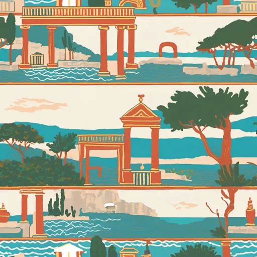 Prompt: <mymodel> "Generate a mural depicting a tranquil coastal scene in the ancient Greek art style, focusing on:
1. Architectural Elements: Showcase Greek architectural features such as columns and friezes with intricate detailing.
2. Coastal Landscape: Illustrate a serene sea with gentle waves, rocky cliffs, and lush Mediterranean vegetation including olive trees and cypresses.
3. Mythological Symbols: Incorporate subtle mythological references like dolphins or seashells to evoke the divine connection to the sea.
4. Harmonious Composition: Arrange the elements with a balanced and symmetrical layout, emphasizing the harmony of the scene.
5. Classic Colors: Utilize a palette of timeless whites, creams, and soft pastels to reflect the Greek art's aesthetic.
6. Natural Lighting: Apply soft, natural lighting to highlight the contours of the landscape and create a warm, inviting atmosphere.
7. Mural Format: Design for a large-scale wall with a horizontal orientation to capture the breadth of the coastal view."